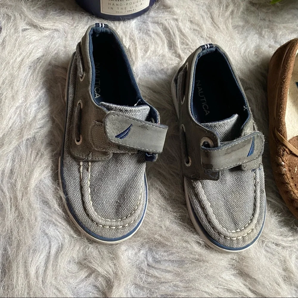 Nautica Toddler Boat Shoes Gray Blue Hook Loop Size 9 + Moccasins Lot